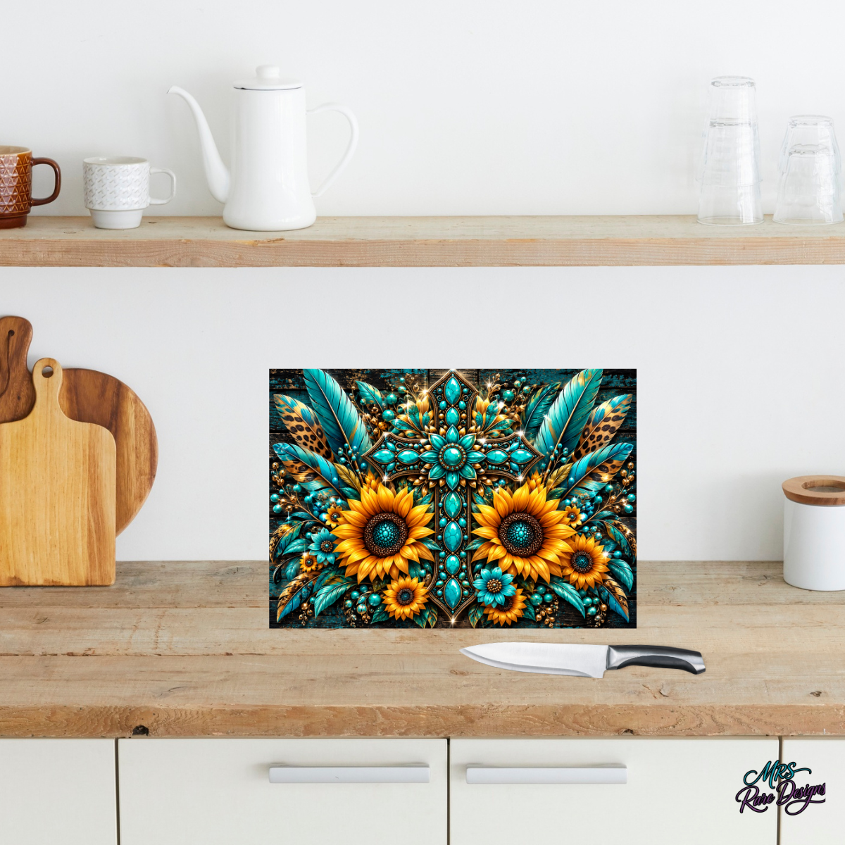 Turquoise Sunflower Western Glass Cutting Board