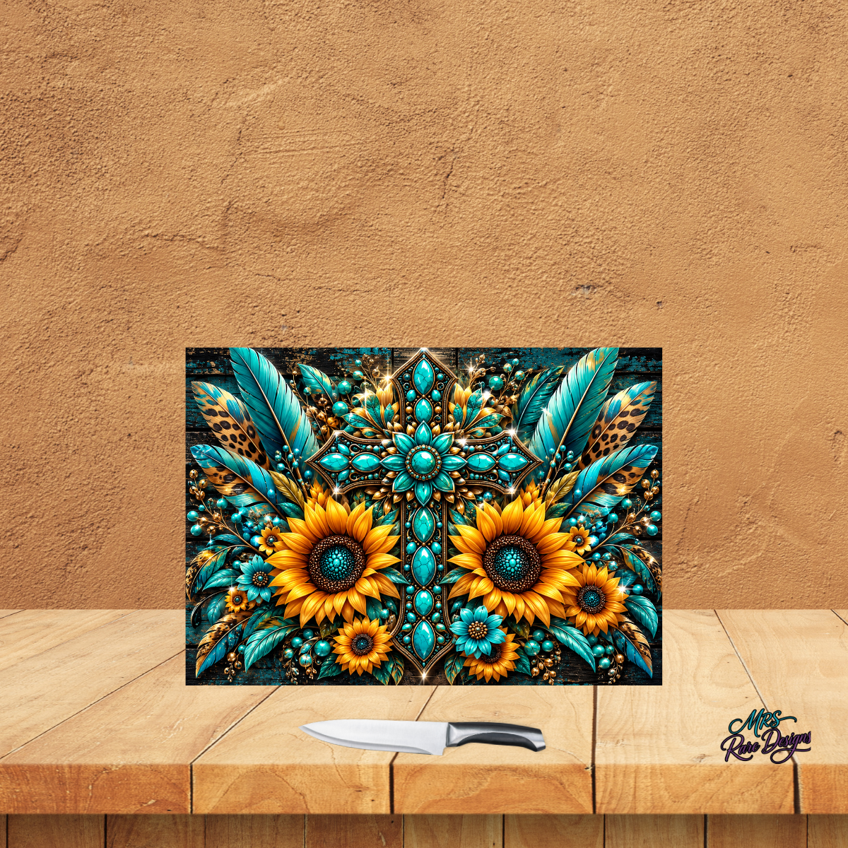 Turquoise Sunflower Western Glass Cutting Board