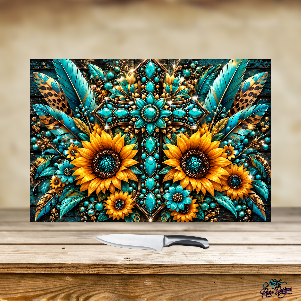 Turquoise Sunflower Western Glass Cutting Board