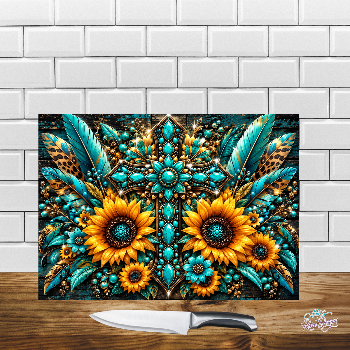 Turquoise Sunflower Western Glass Cutting Board