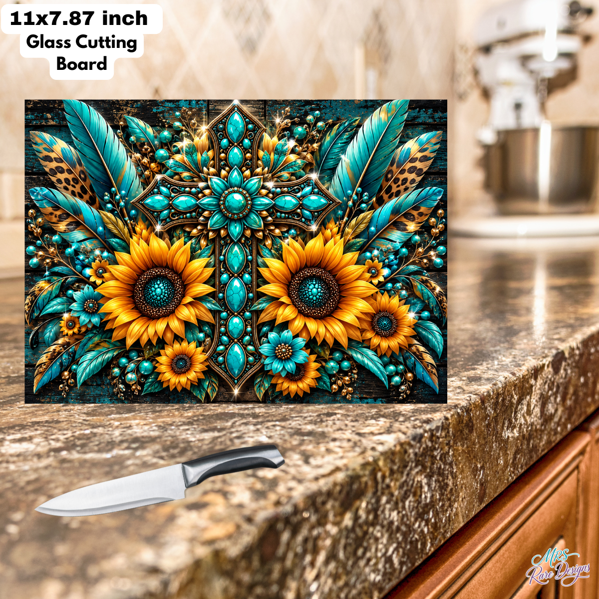 Turquoise Sunflower Western Glass Cutting Board