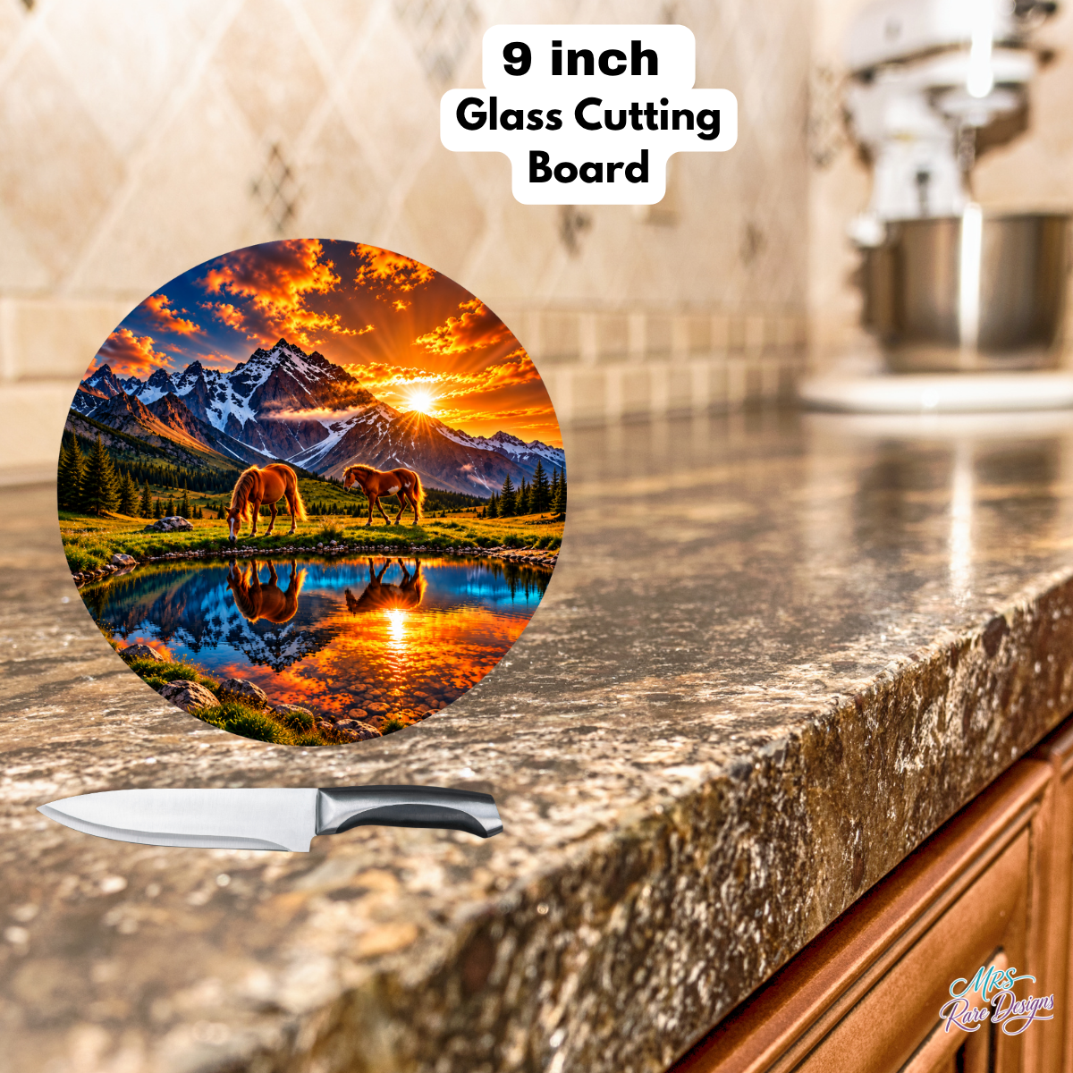 Amber Ridge Reflections 9-Inch Round Horse Glass Cutting Board