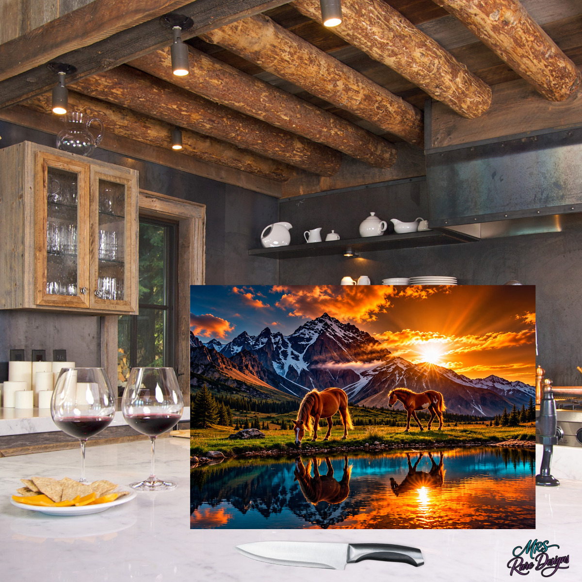 Alpine Ember Horse & Mountain Sunset Glass Cutting Board