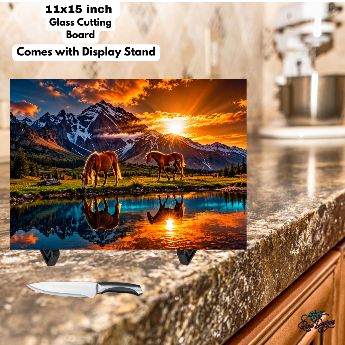 Golden Hour Pastures Horse Glass Cutting Board with Display Stand, 11 × 15 Inches
