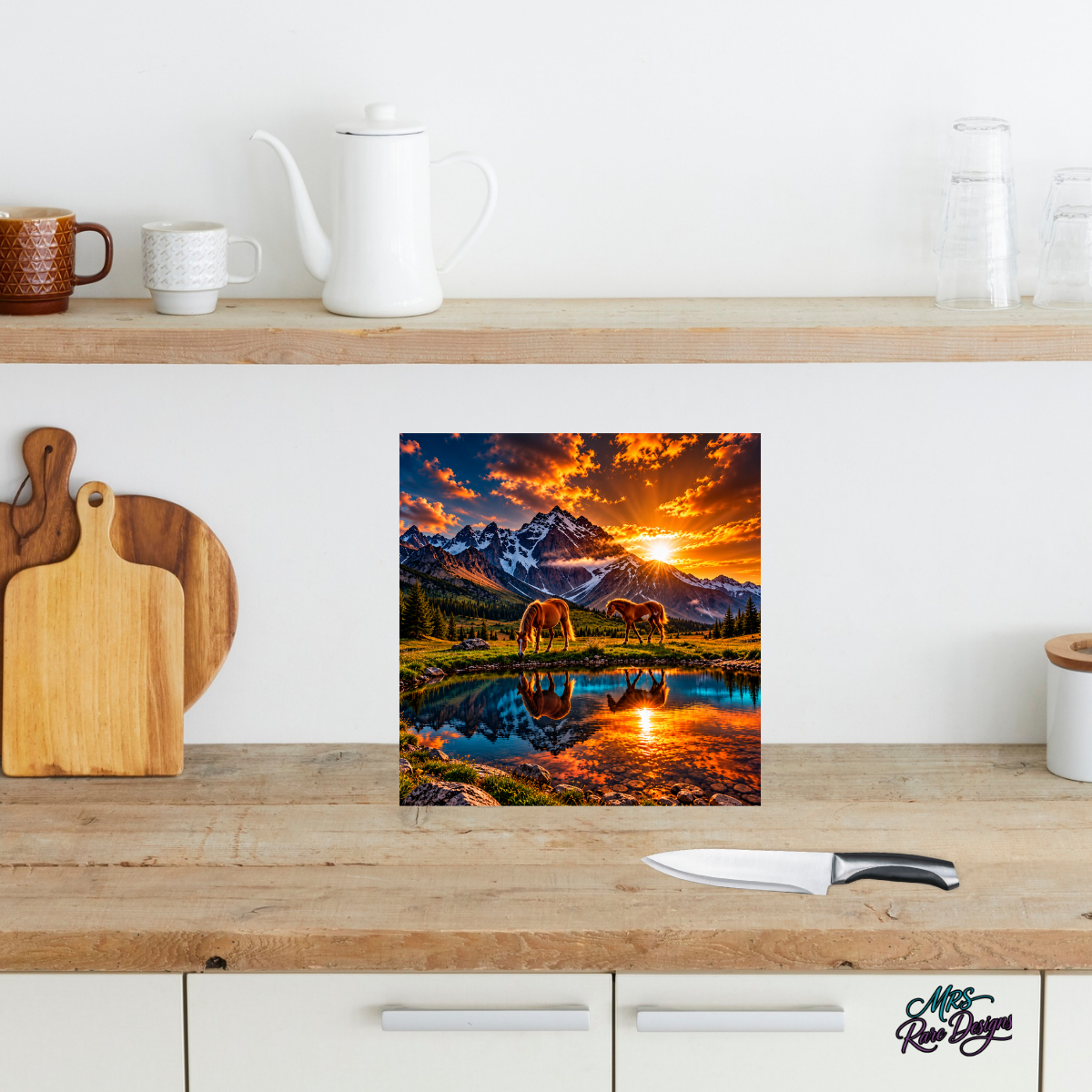 Sunset at Stillwater 9-Inch Square Horse Glass Cutting Board