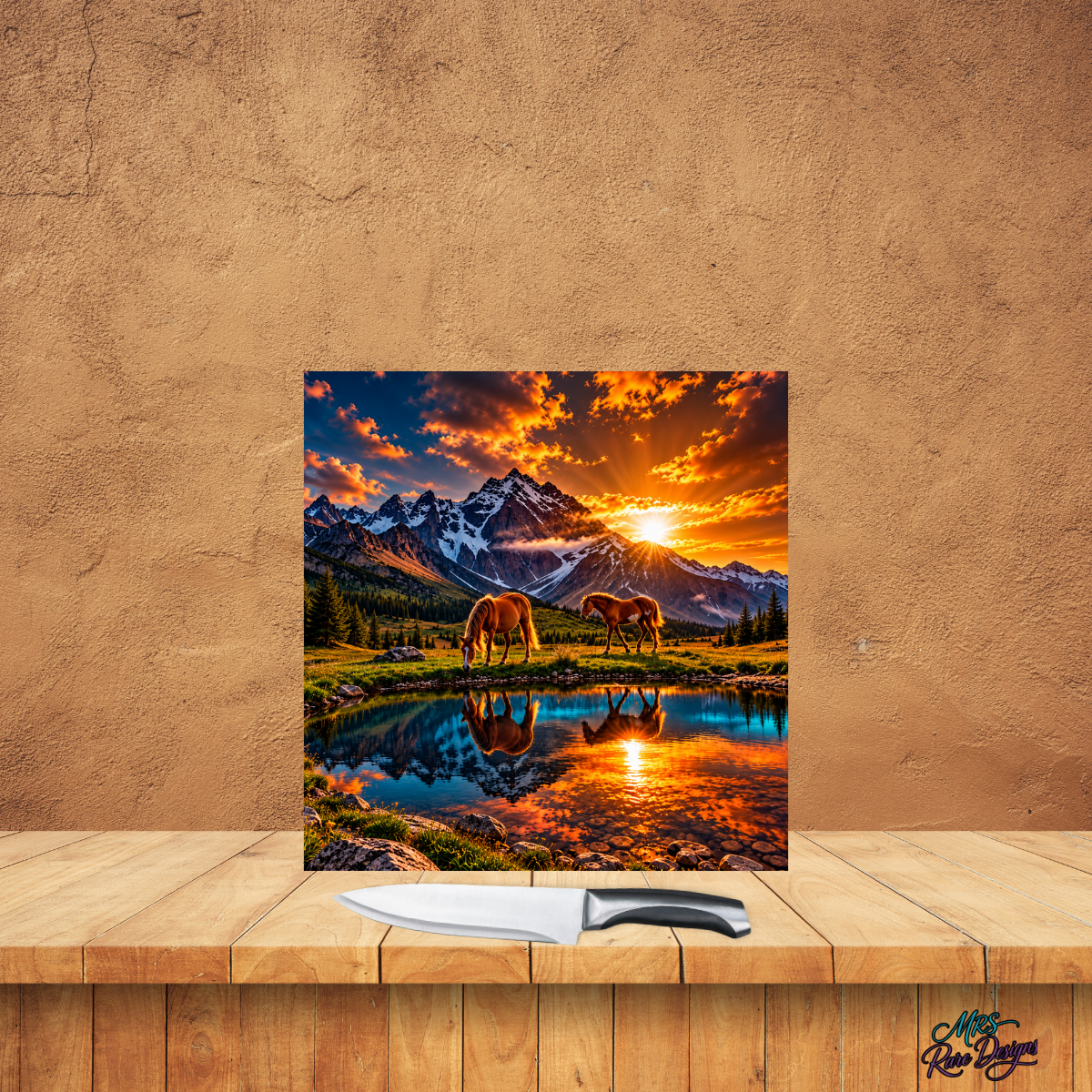 Sunset at Stillwater 9-Inch Square Horse Glass Cutting Board