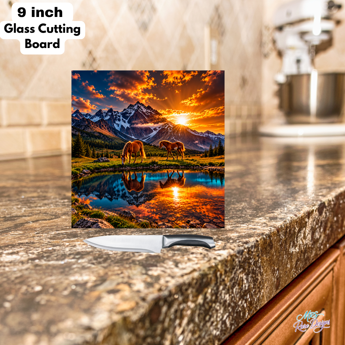 Sunset at Stillwater 9-Inch Square Horse Glass Cutting Board