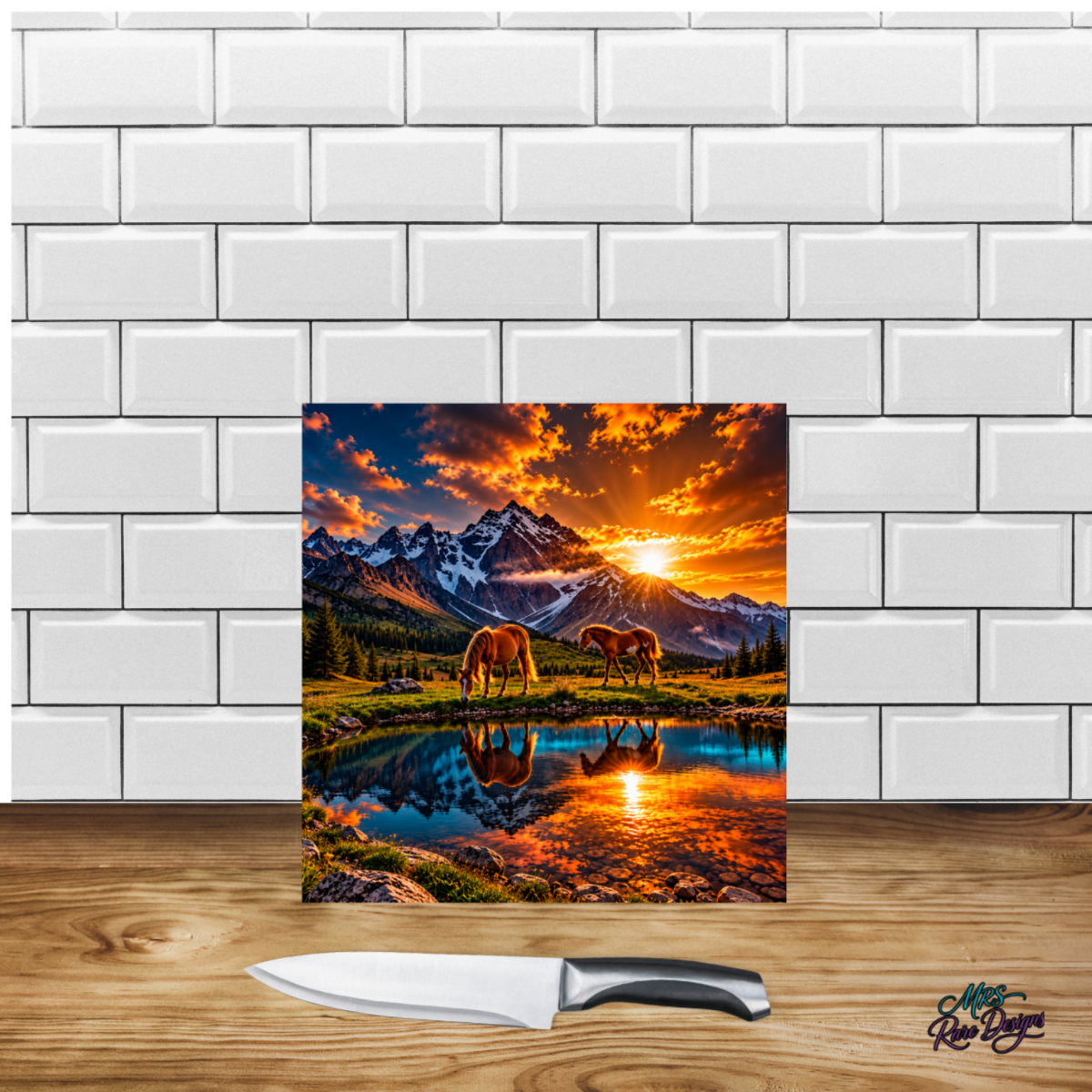Sunset at Stillwater 9-Inch Square Horse Glass Cutting Board