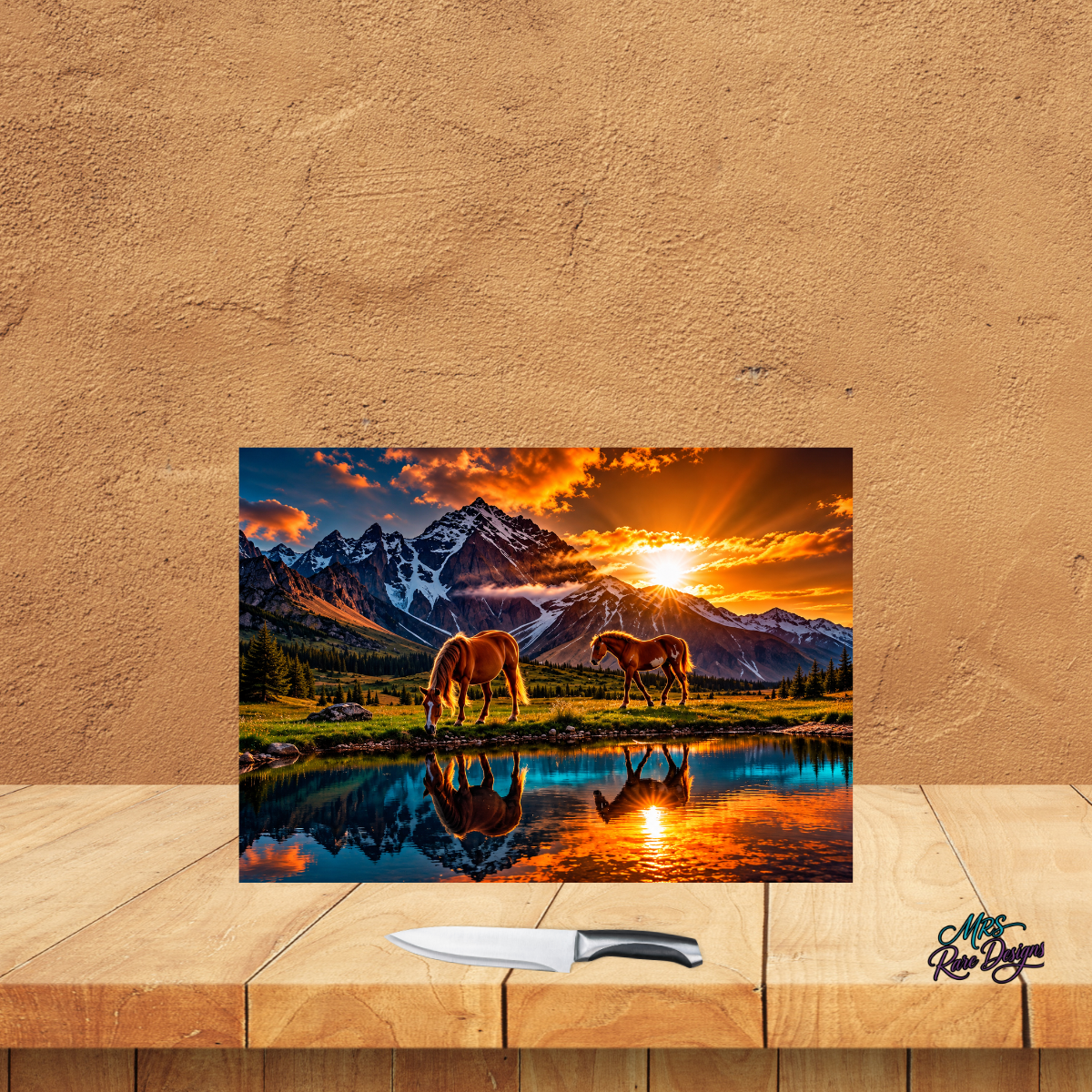 Alpine Ember Horse & Mountain Sunset Glass Cutting Board