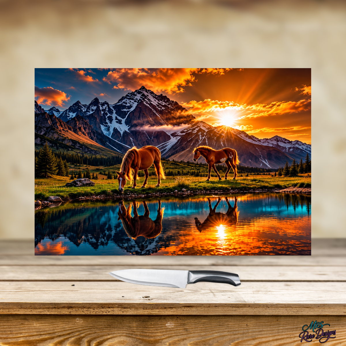 Alpine Ember Horse & Mountain Sunset Glass Cutting Board