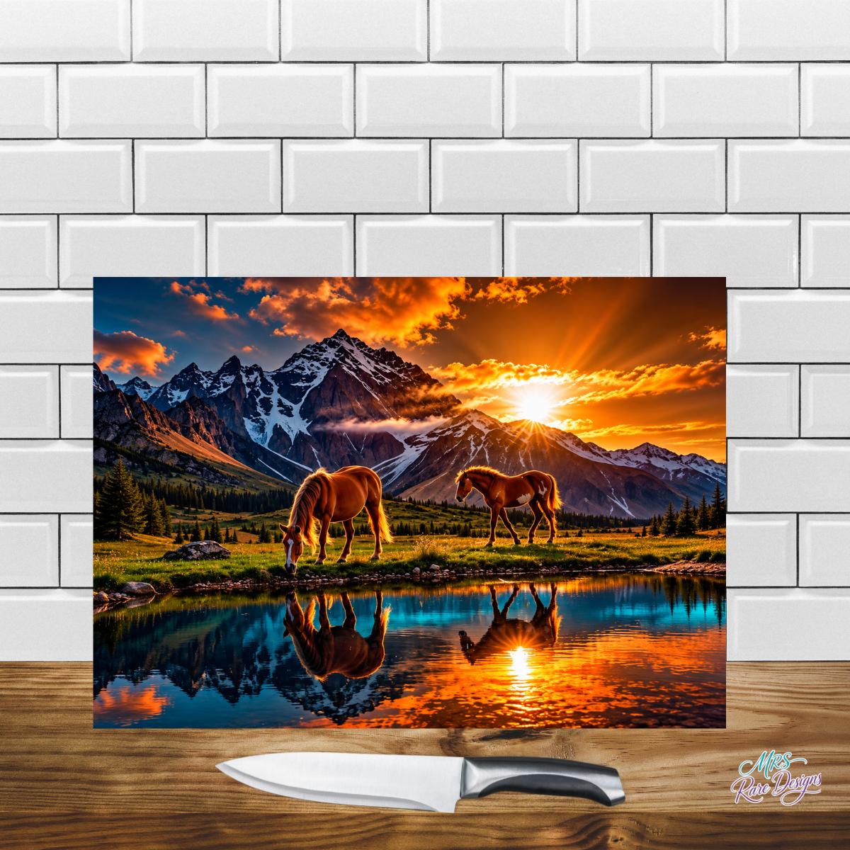 Alpine Ember Horse & Mountain Sunset Glass Cutting Board