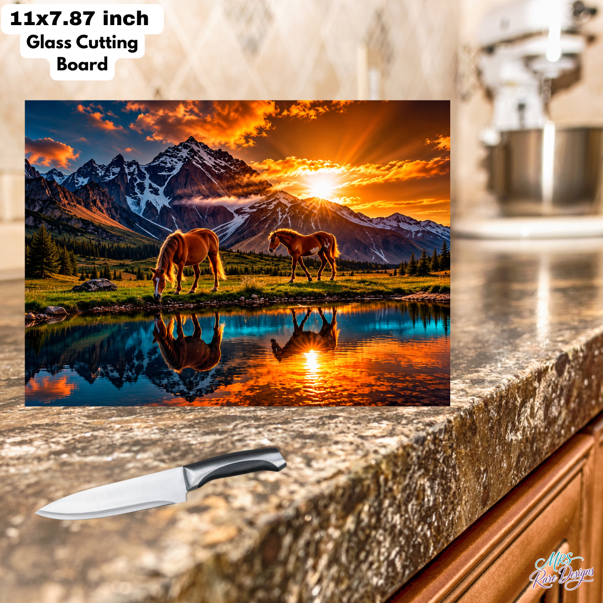 Alpine Ember Horse & Mountain Sunset Glass Cutting Board