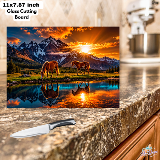 Alpine Ember Horse & Mountain Sunset Glass Cutting Board