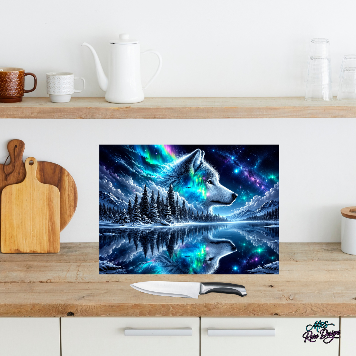 Aurora’s Call- Northern Lights Wolf Glass Cutting Board with Display Stand