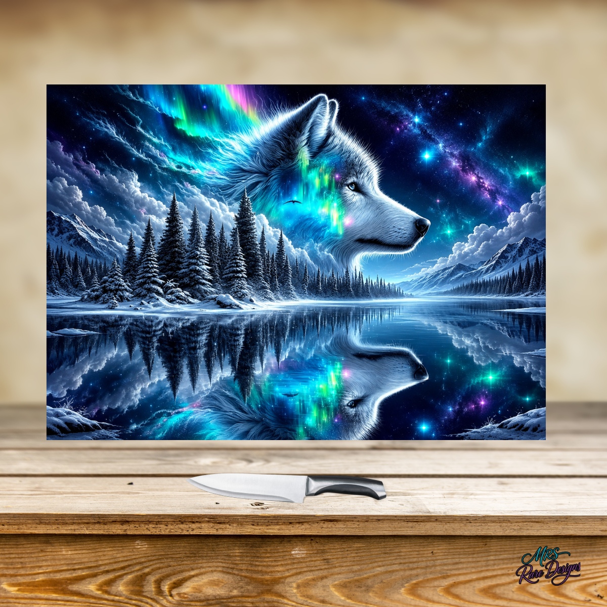 Aurora’s Call- Northern Lights Wolf Glass Cutting Board with Display Stand
