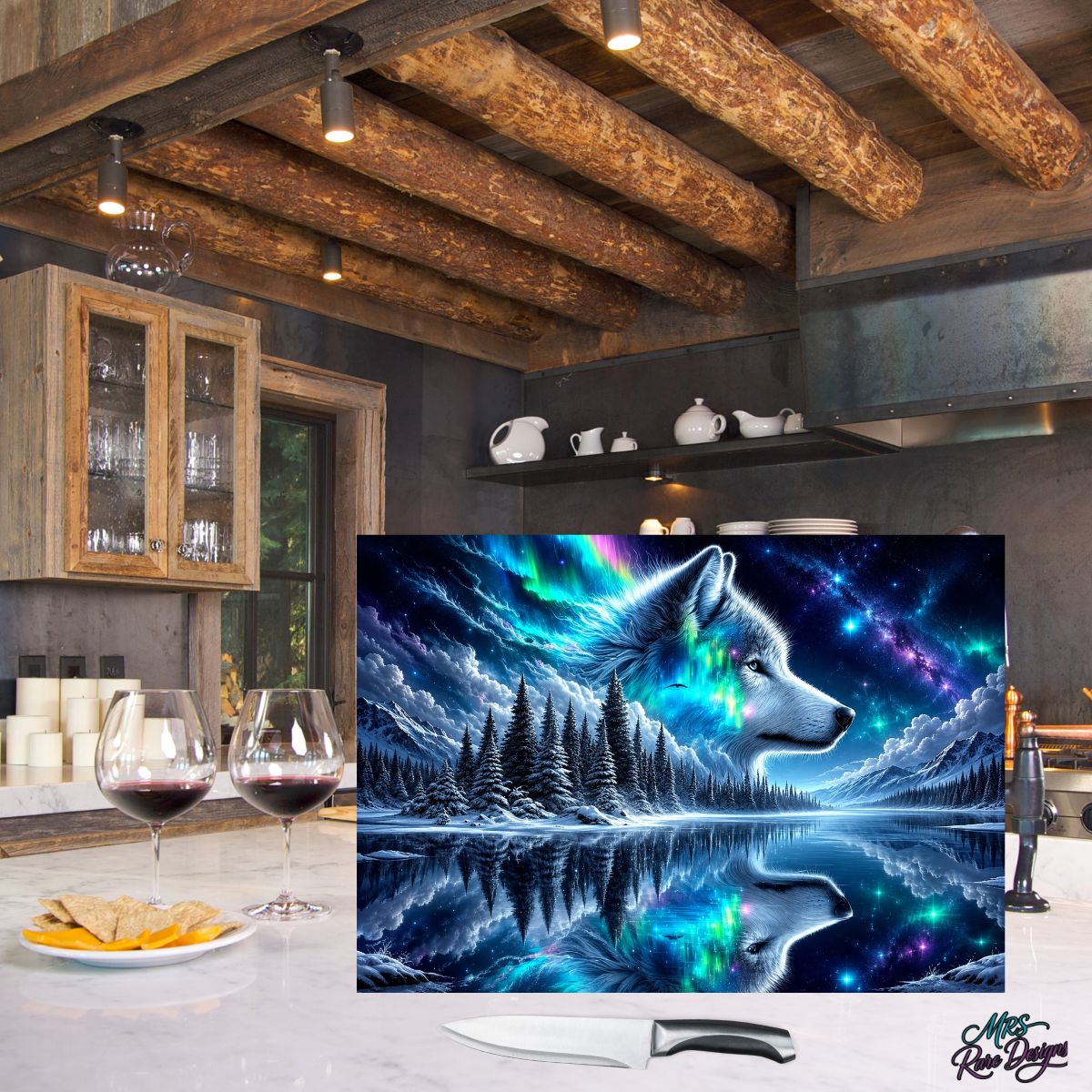 Aurora’s Call- Northern Lights Wolf Glass Cutting Board with Display Stand