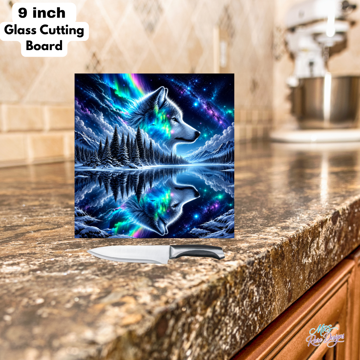 Aurora’s Call - 9-Inch Square Wolf Glass Cutting Board