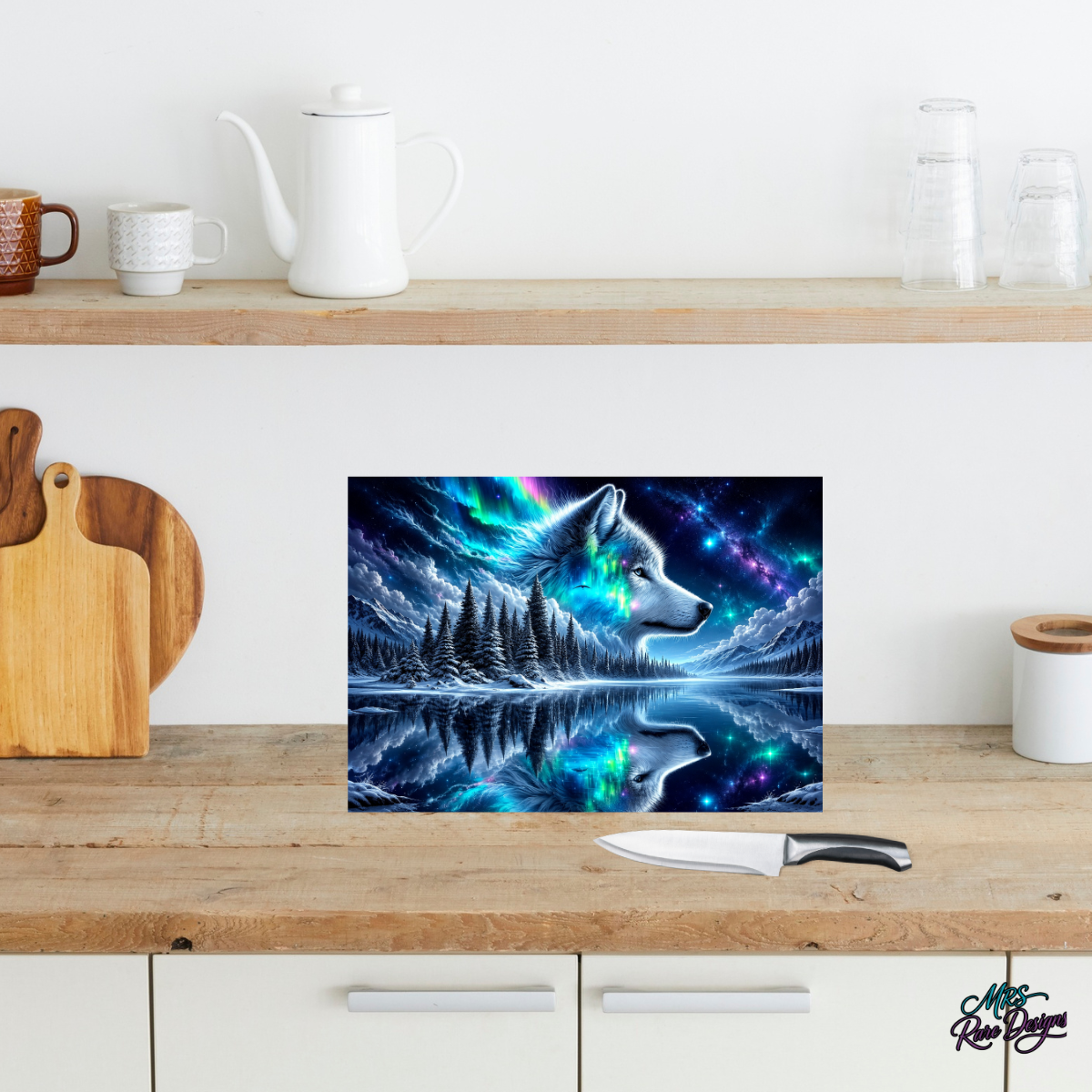 Aurora’s Call- Northern Lights Wolf Glass Cutting Board