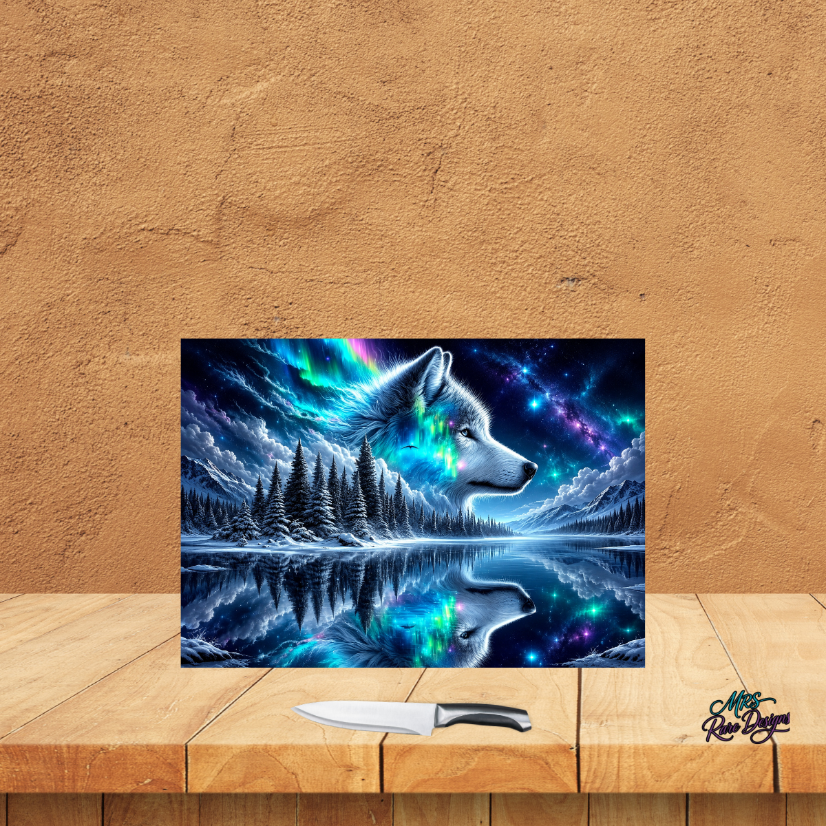 Aurora’s Call- Northern Lights Wolf Glass Cutting Board
