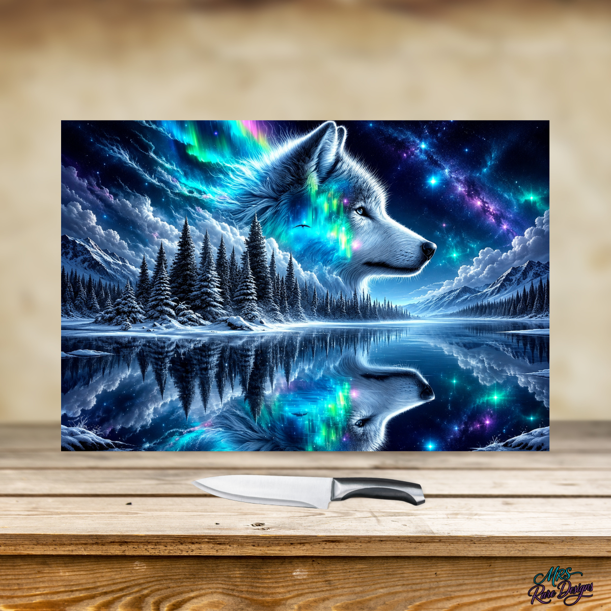 Aurora’s Call- Northern Lights Wolf Glass Cutting Board