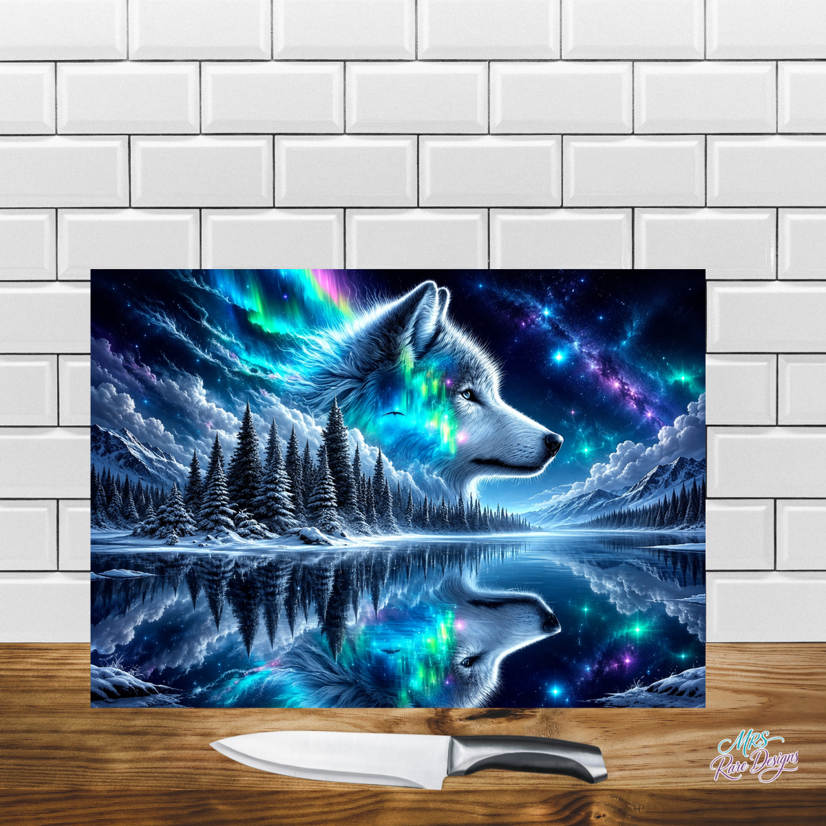 Aurora’s Call- Northern Lights Wolf Glass Cutting Board