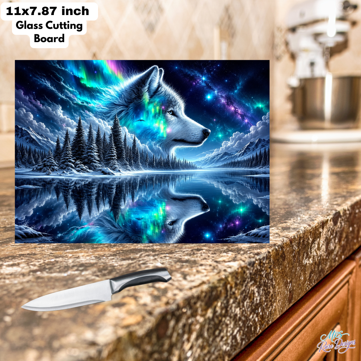 Aurora’s Call- Northern Lights Wolf Glass Cutting Board