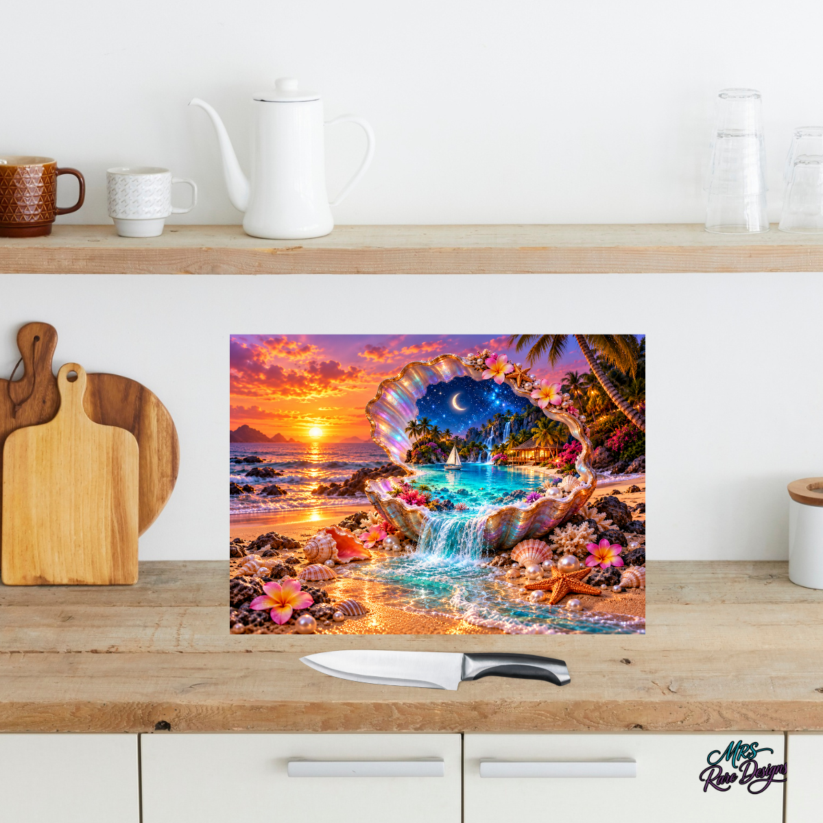 Seashell Serenade — Tropical Paradise Glass Cutting Board with Display Stand
