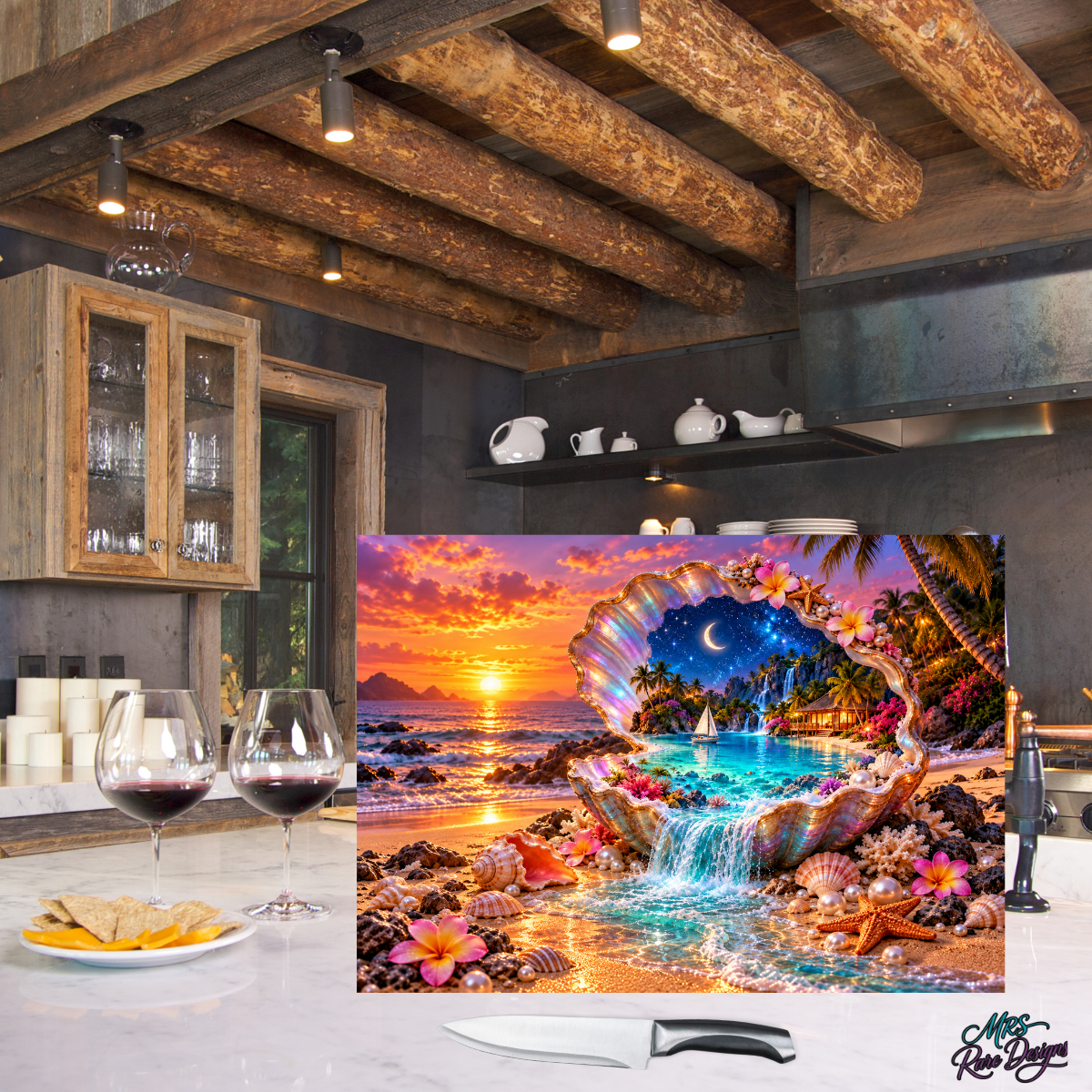 Seashell Serenade — Tropical Paradise Glass Cutting Board with Display Stand