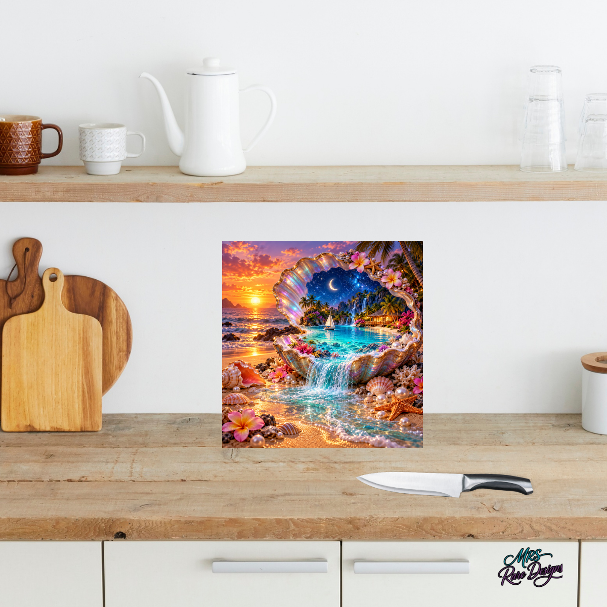 Tropical Seashell Square Glass Cutting Board – 9 Inch