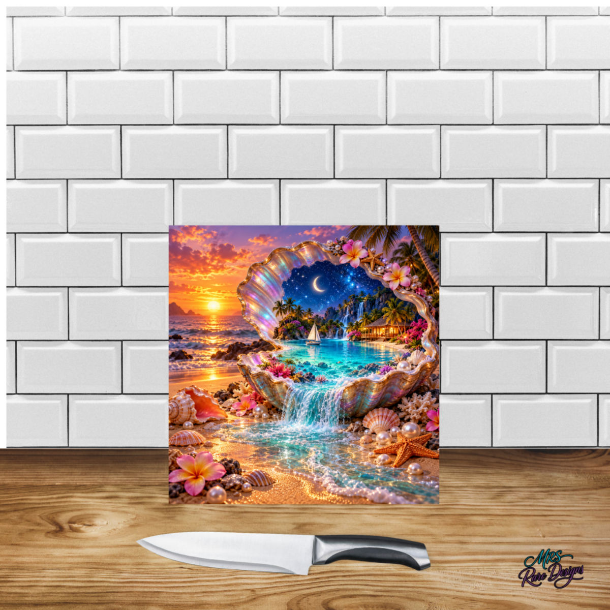 Tropical Seashell Square Glass Cutting Board – 9 Inch