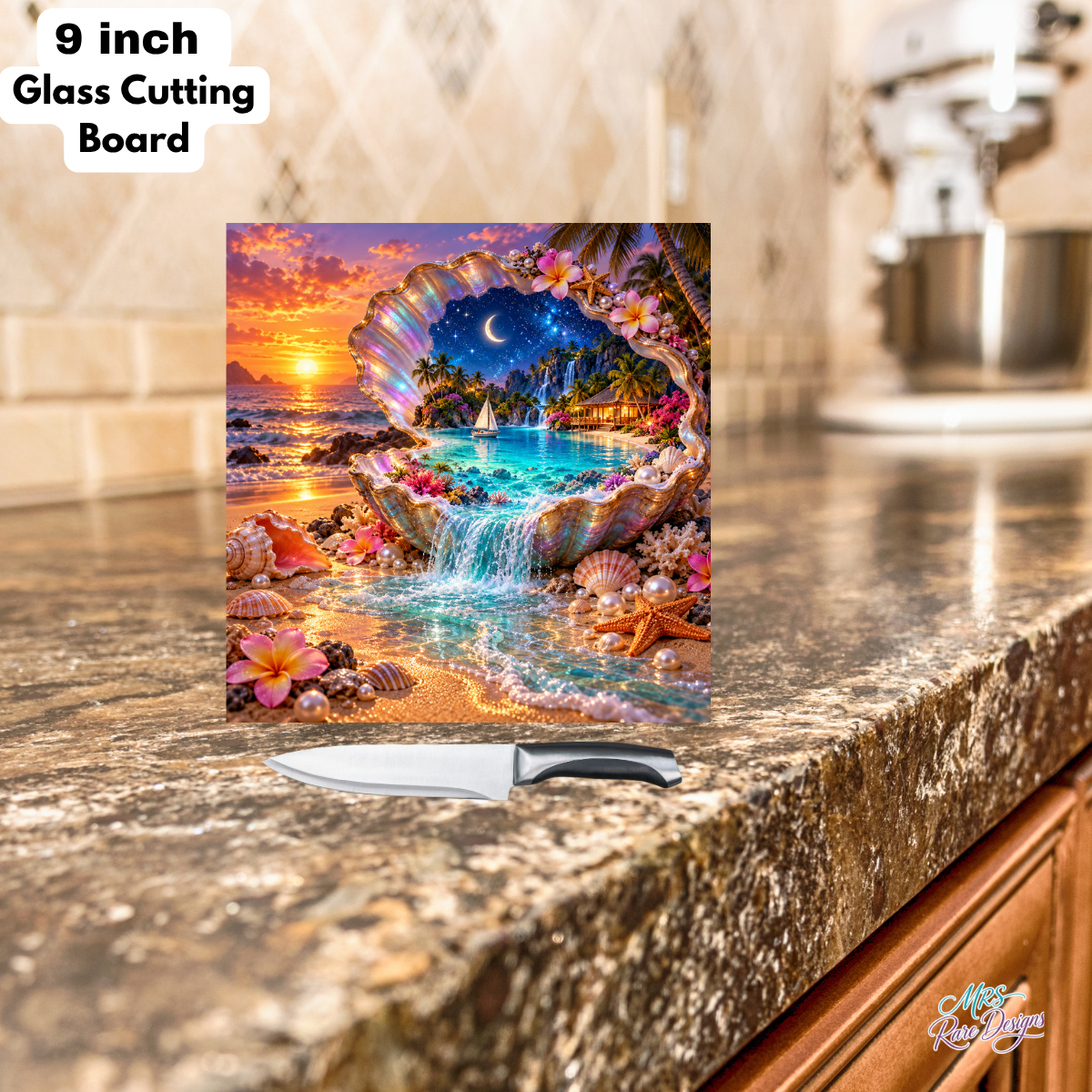 Tropical Seashell Square Glass Cutting Board – 9 Inch