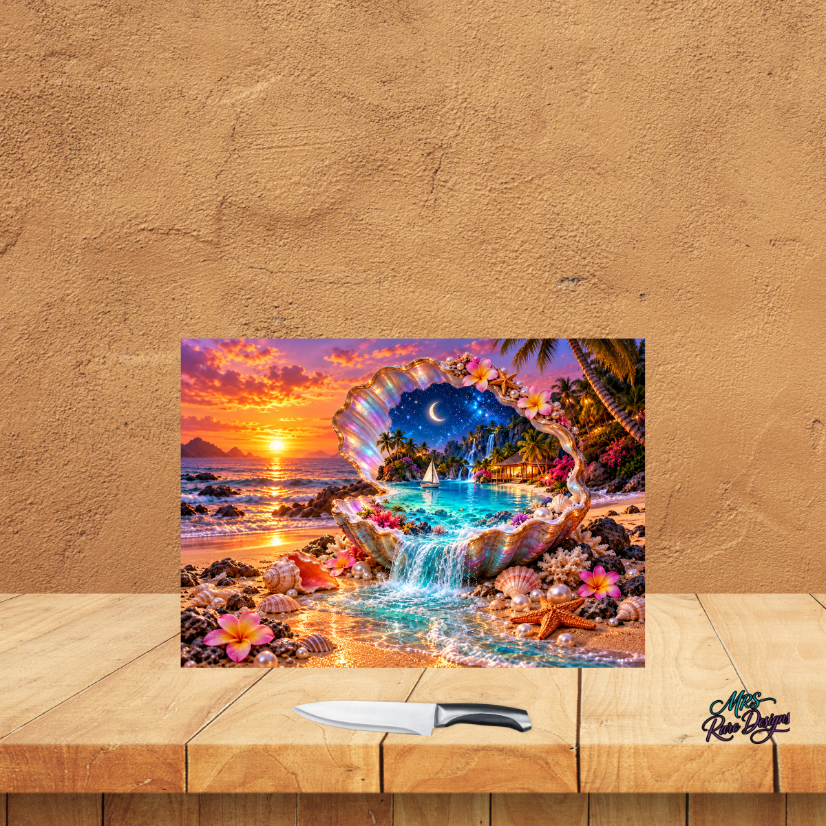 Sunset Shell Haven — Tropical Glass Cutting Board