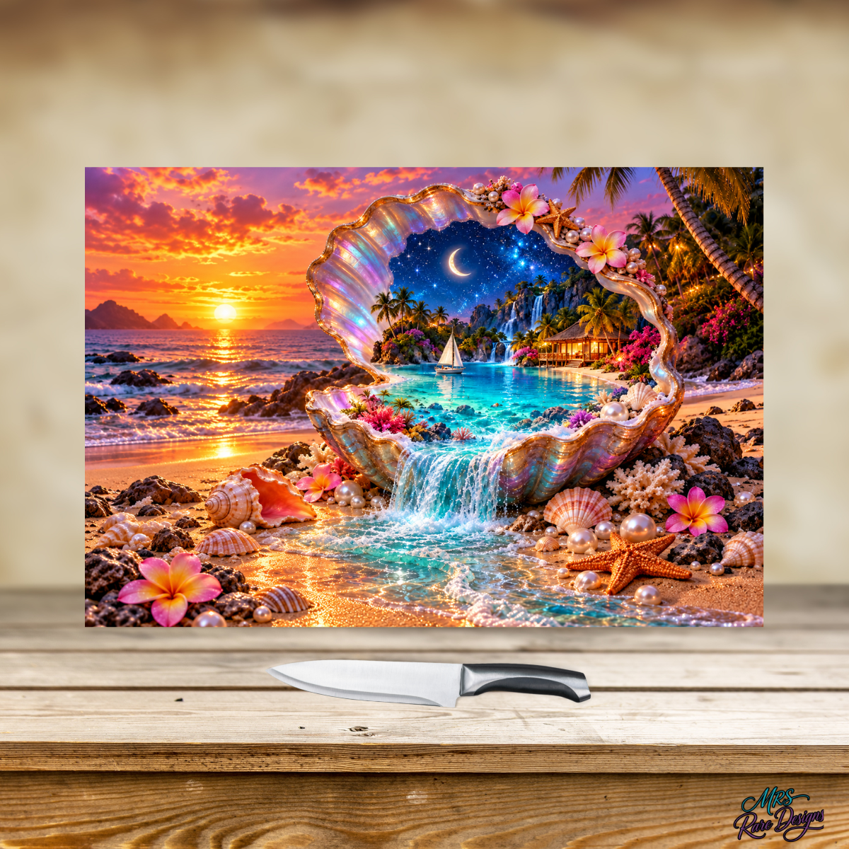 Sunset Shell Haven — Tropical Glass Cutting Board