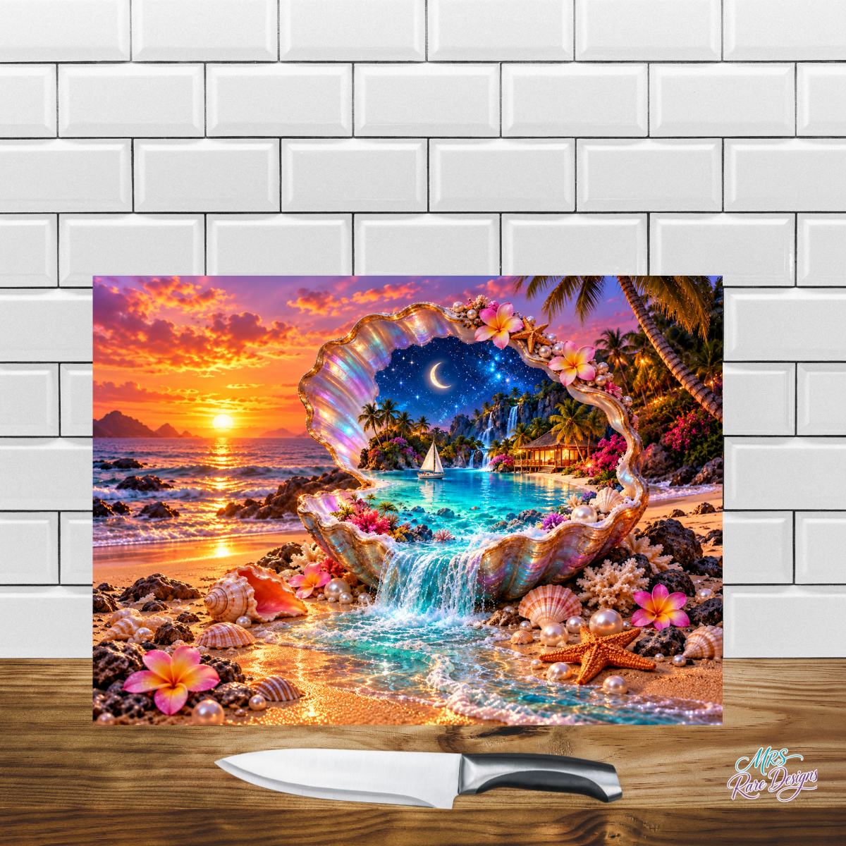 Sunset Shell Haven — Tropical Glass Cutting Board