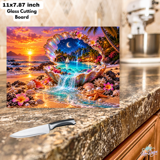 Sunset Shell Haven — Tropical Glass Cutting Board
