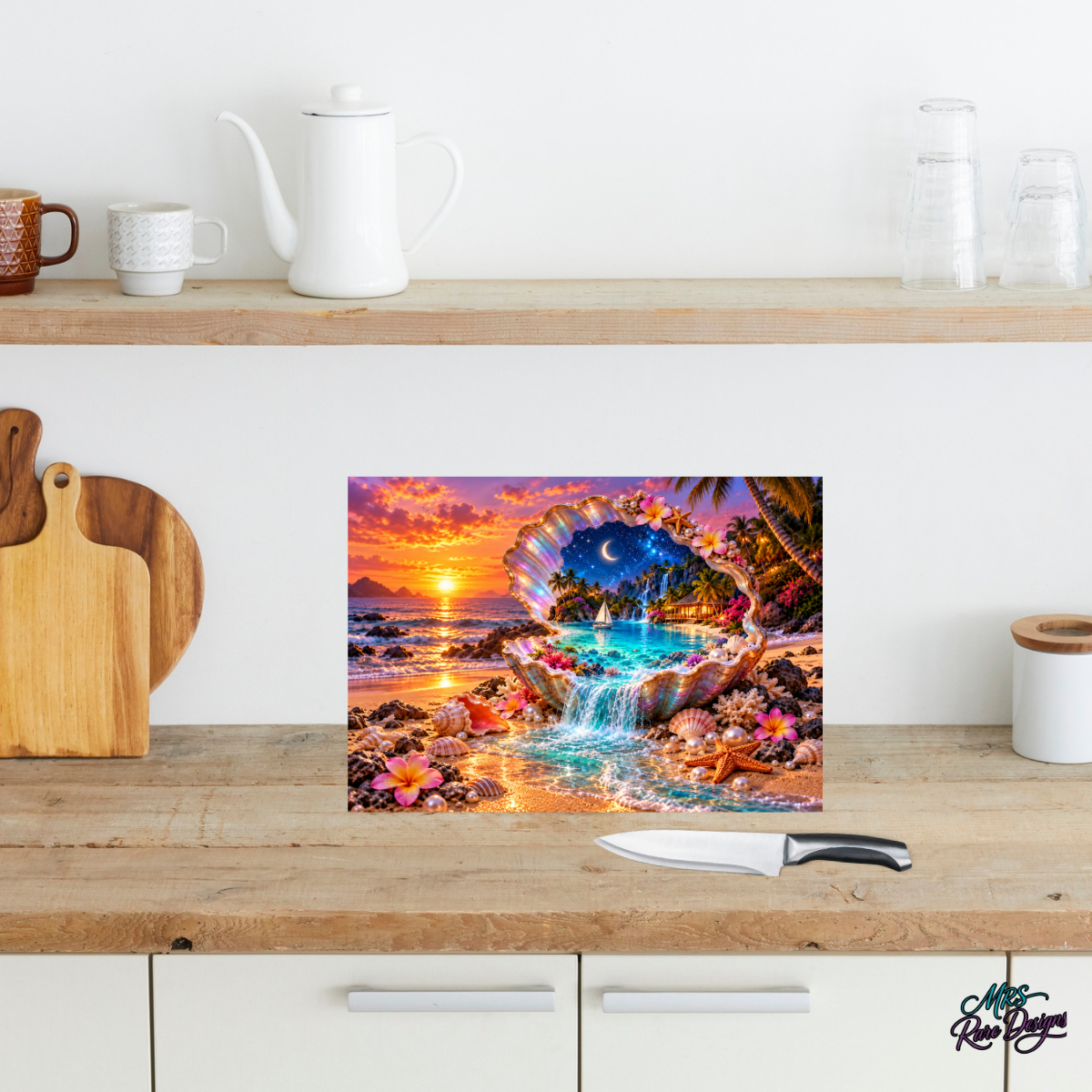 Sunset Shell Haven — Tropical Glass Cutting Board