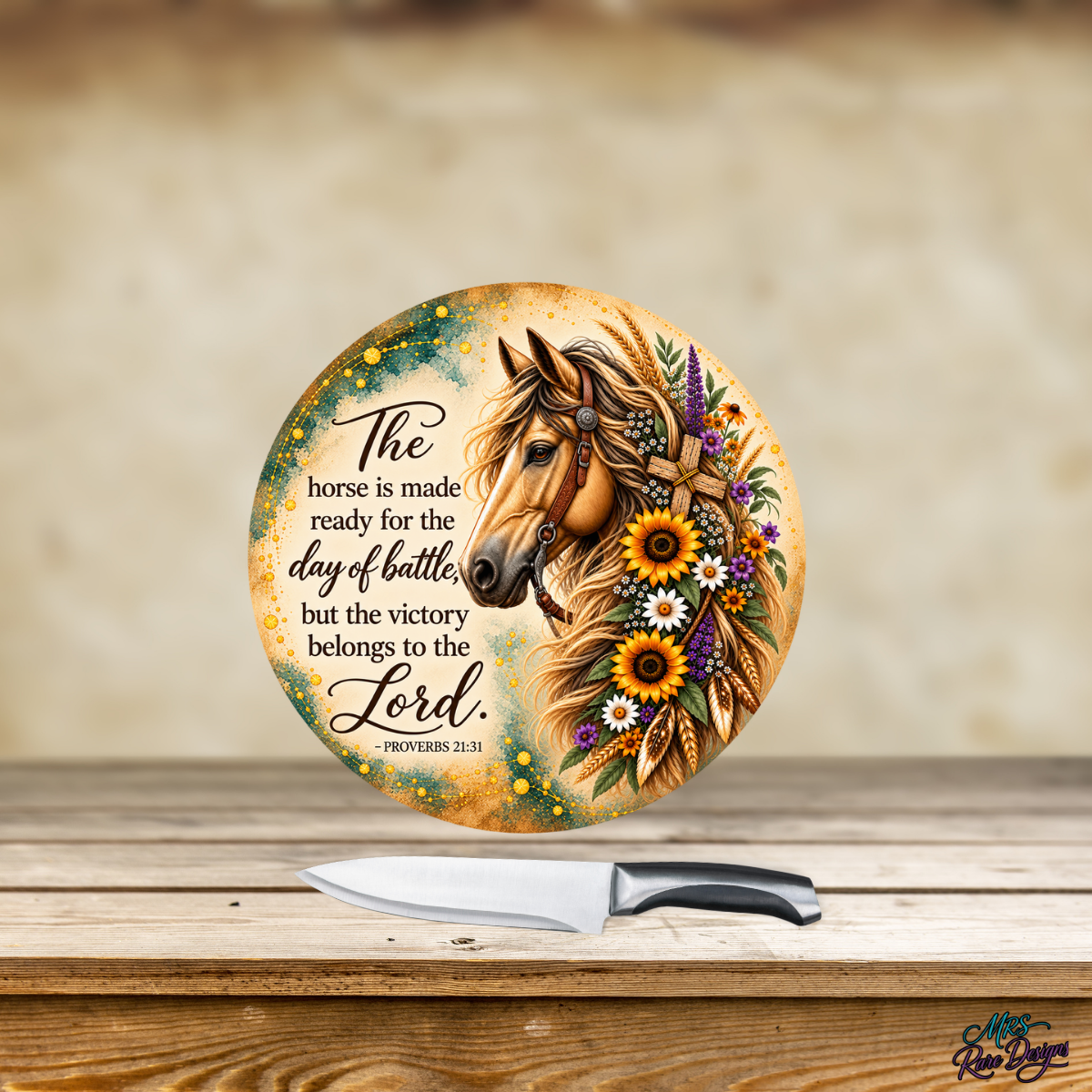 Grace in the Reins Round Horse & Scripture Glass Cutting Board