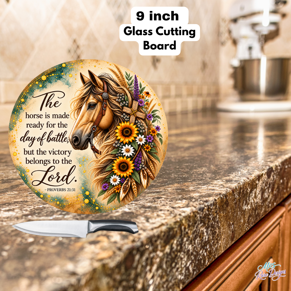 Grace in the Reins Round Horse & Scripture Glass Cutting Board