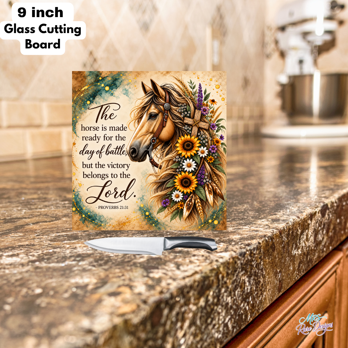 Grace in the Reins Square Horse & Scripture Glass Cutting Board – 9 Inch