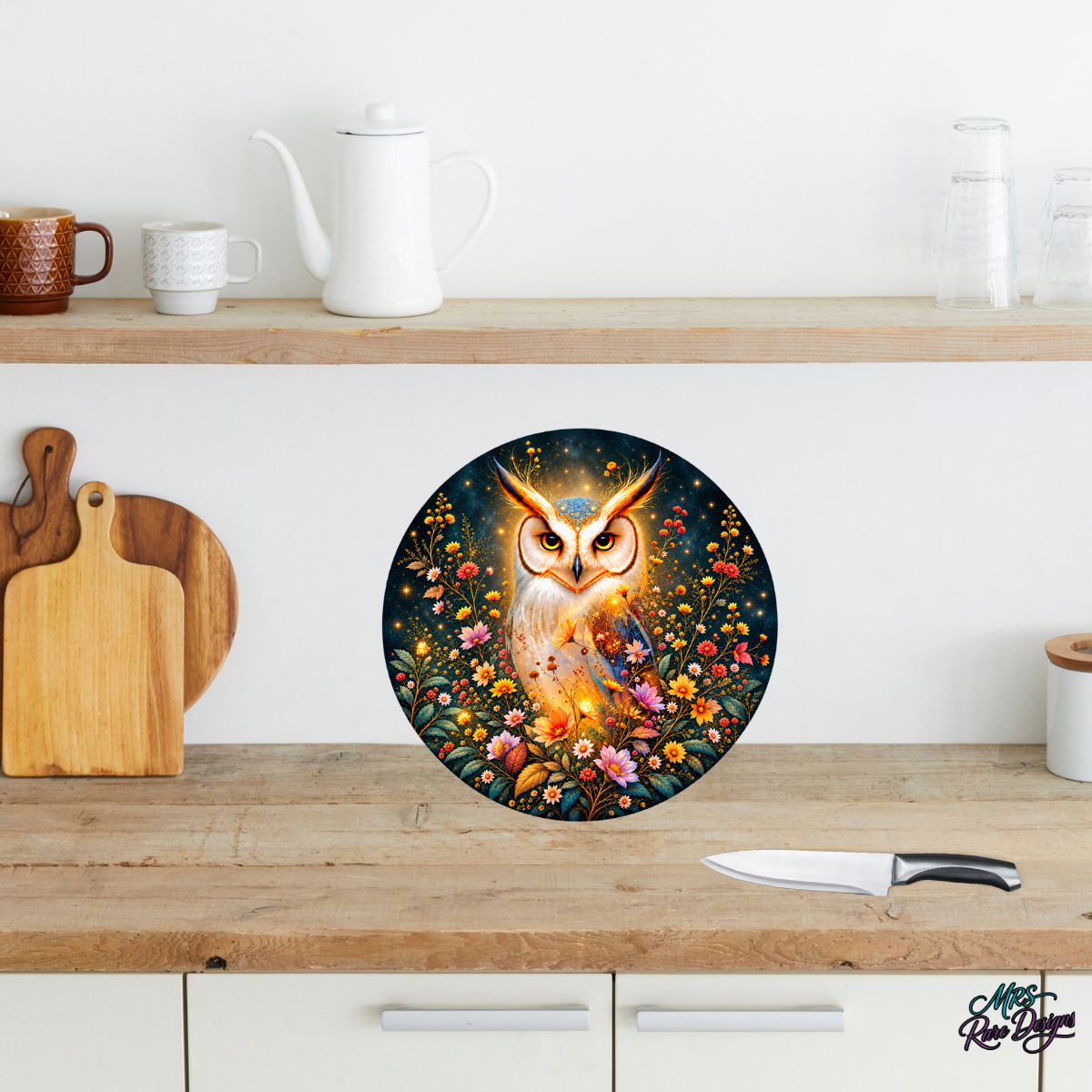 Golden Glow Owl & Wildflowers 9-Inch Round Glass Cutting Board