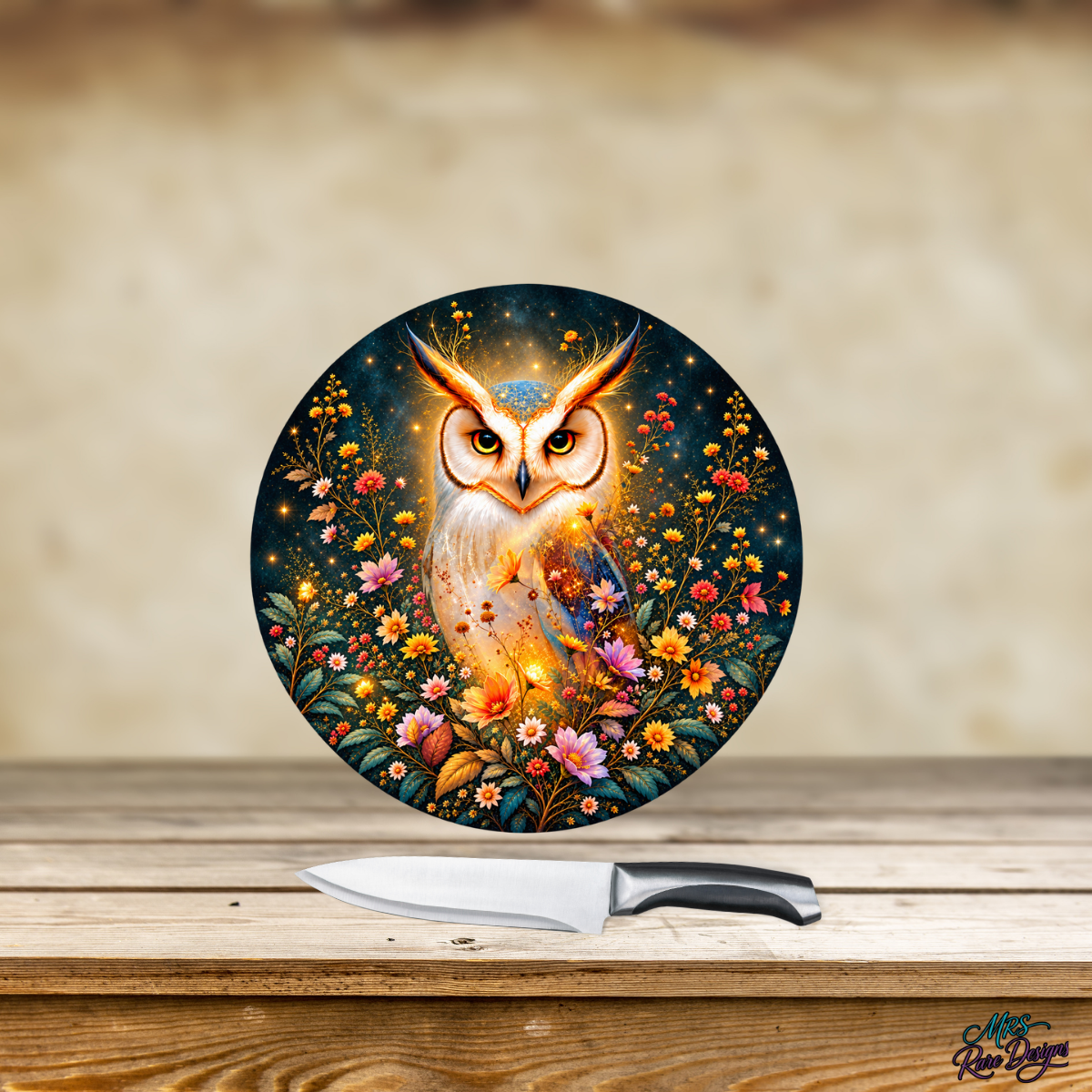 Golden Glow Owl & Wildflowers 9-Inch Round Glass Cutting Board