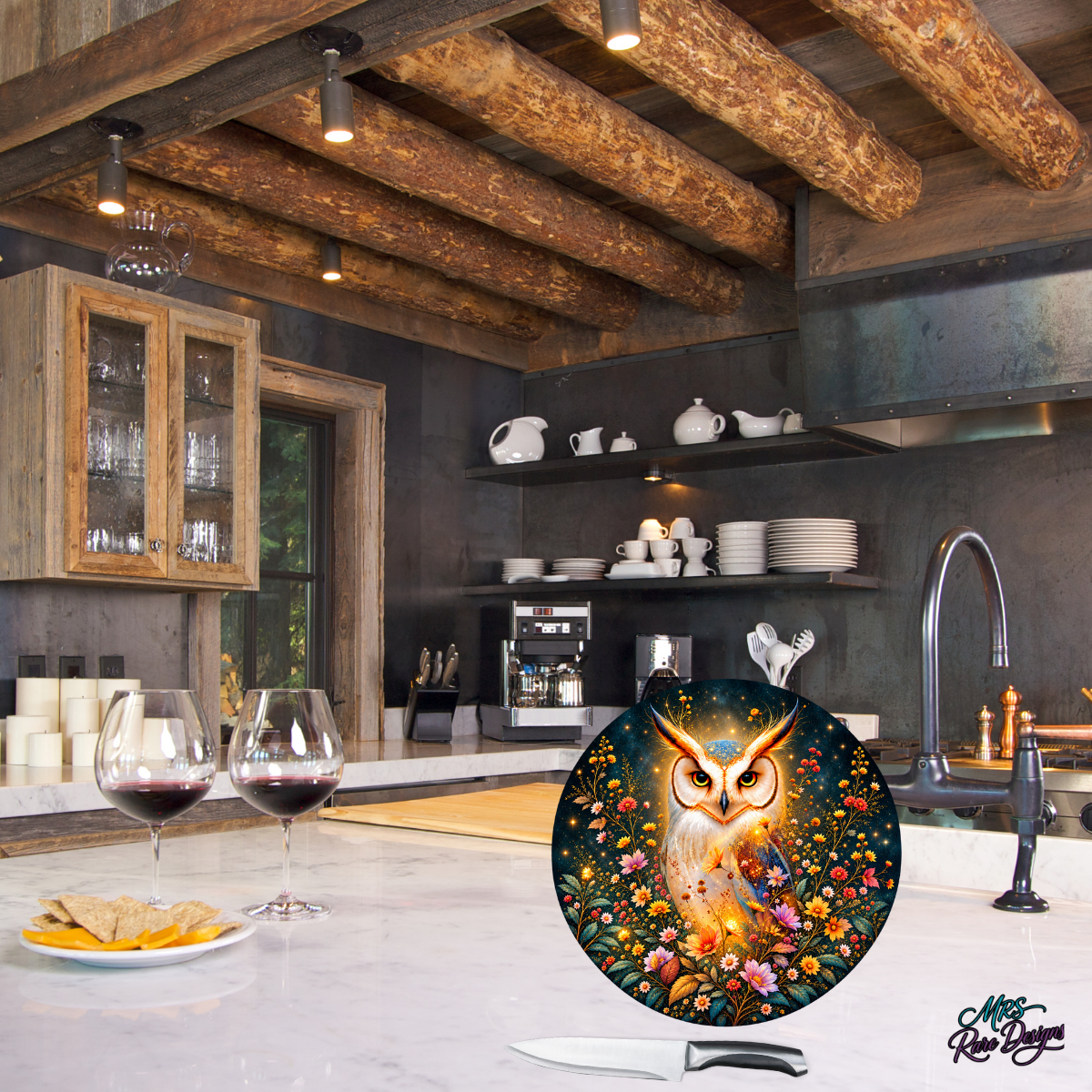 Golden Glow Owl & Wildflowers 9-Inch Round Glass Cutting Board