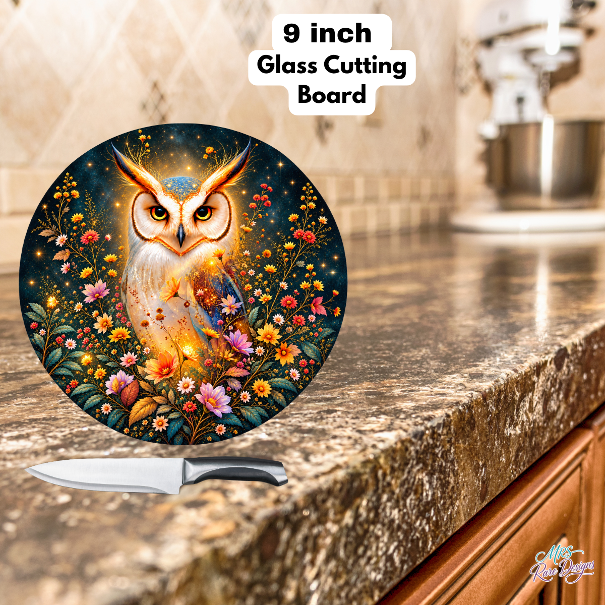 Golden Glow Owl & Wildflowers 9-Inch Round Glass Cutting Board