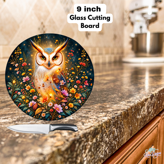 Golden Glow Owl & Wildflowers 9-Inch Round Glass Cutting Board