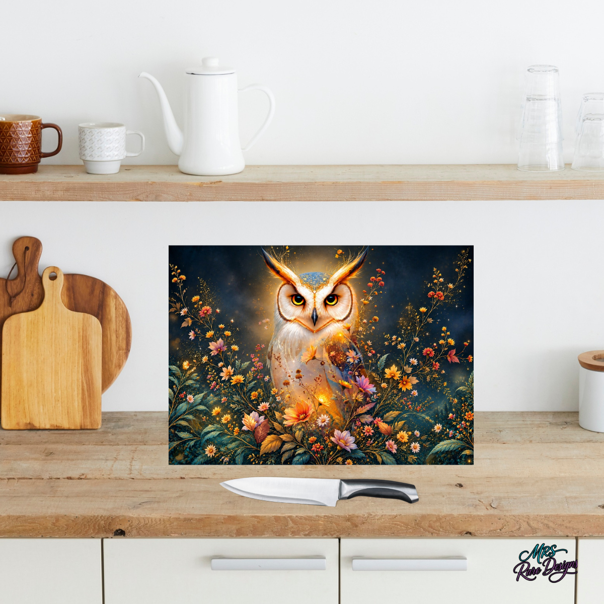Golden Glow Owl & Wildflowers 11×15 Glass Cutting Board with Display Stand