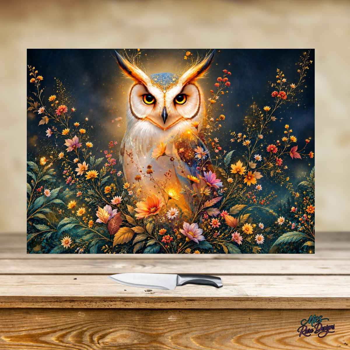 Golden Glow Owl & Wildflowers 11×15 Glass Cutting Board with Display Stand