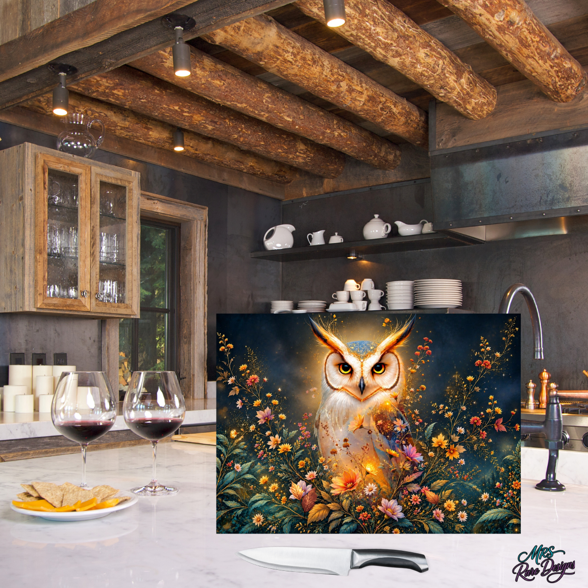 Golden Glow Owl & Wildflowers 11×15 Glass Cutting Board with Display Stand