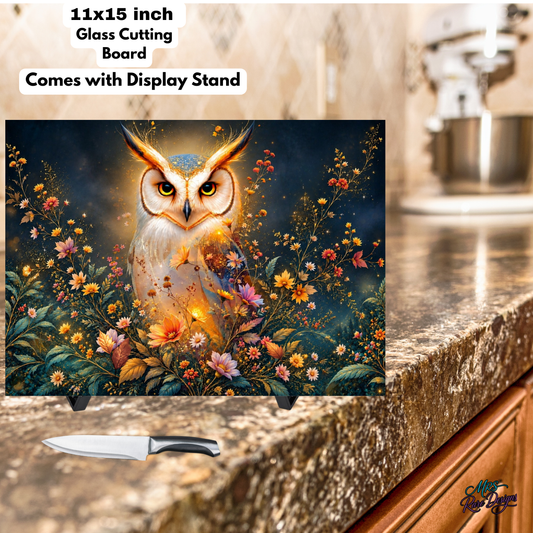 Golden Glow Owl & Wildflowers 11×15 Glass Cutting Board with Display Stand