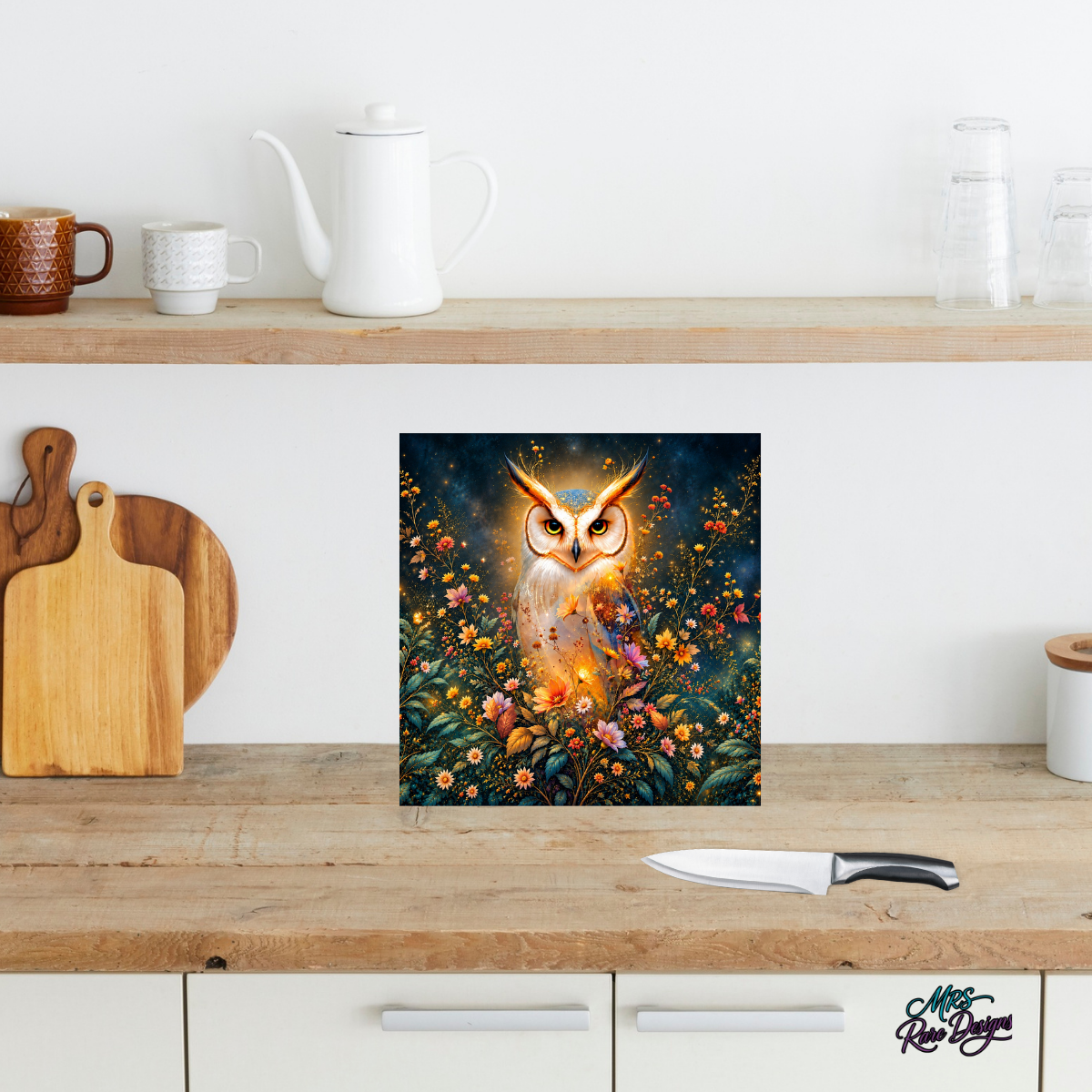 Golden Glow Owl & Wildflowers 9-Inch Square Glass Cutting Board
