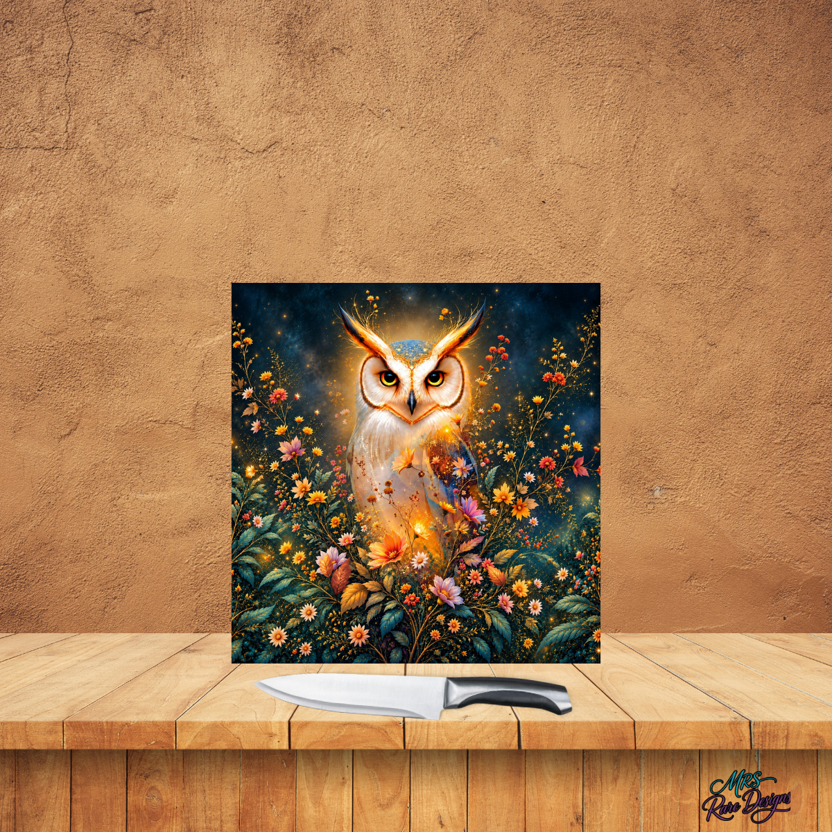 Golden Glow Owl & Wildflowers 9-Inch Square Glass Cutting Board